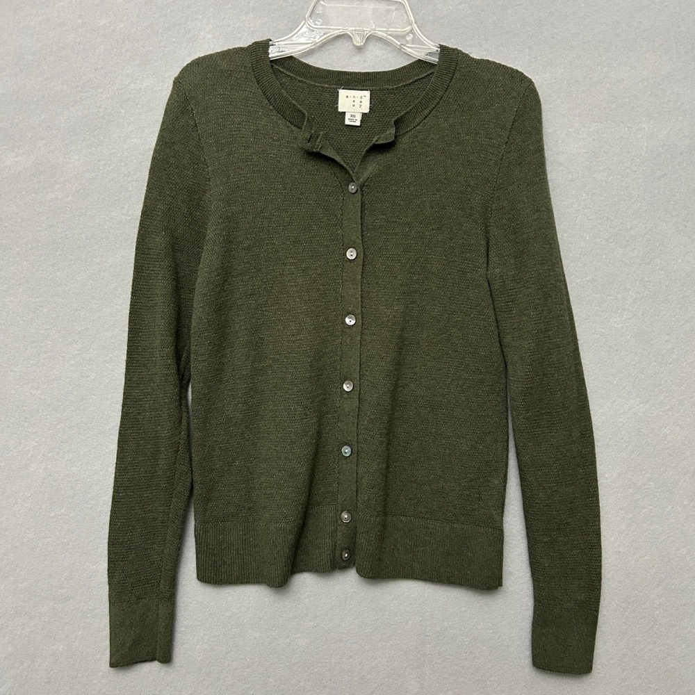 A New Day Women XS Cardigan Sweater Green Tight Knit Button Up Classic Basic